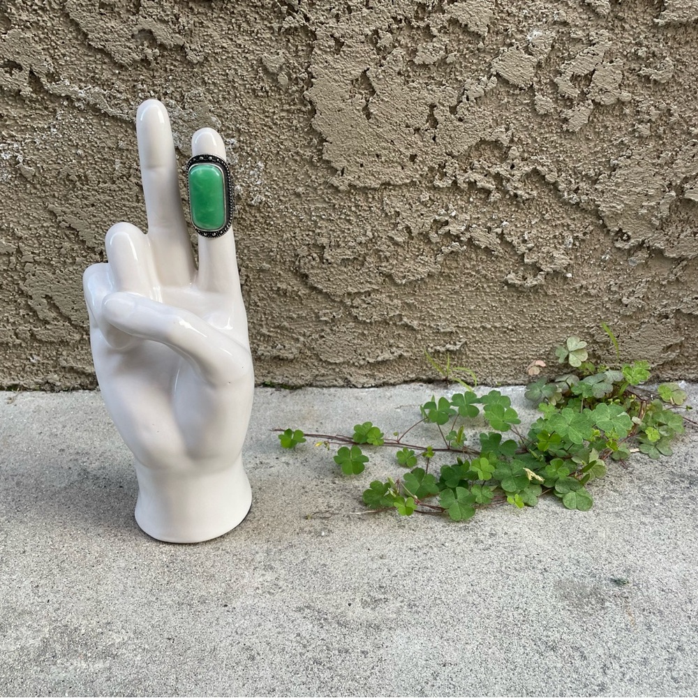 Vintage. Silver Metal, Large Rectangular Green St… - image 1